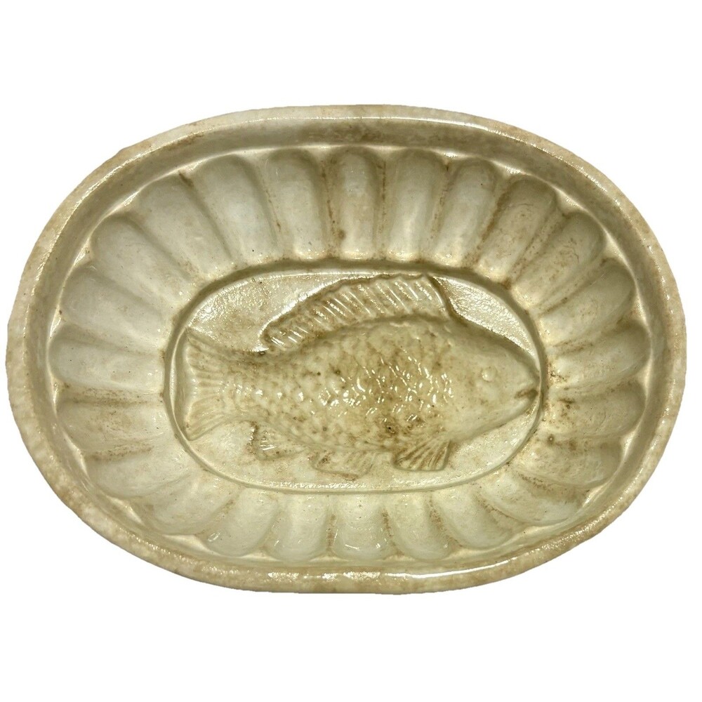 Antique Scottish Ironstone Butter Mold Fish Jelly Blancmange Ceramic Oval 7”